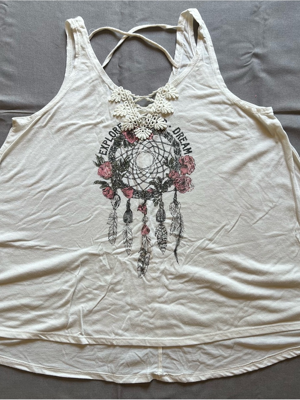 Wound Up White Dreamcatcher Graphic Tank with Crochet Detail